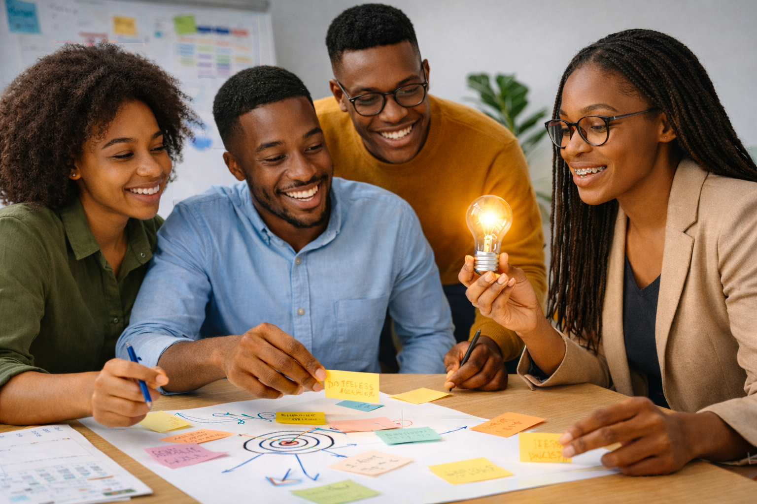 Équipe créative africaine en séance de brainstorming, collaborant autour d’idées de communication et de marketing dans un bureau moderne